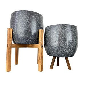 Gri Granit Toprak Saksı Saksılık Salon Çiçeklik İkili Set 3 Ayaklı- 4 Ayaklı- 19 Cm