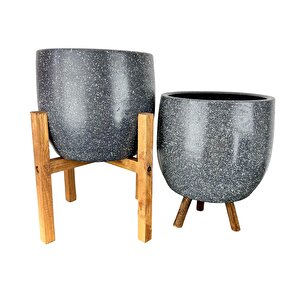 Bitki Tasarımı  Gri Granit Toprak Saksı Saksılık Salon Çiçeklik İkili Set 3 Ayaklı- 4 Ayaklı- 19 Cm