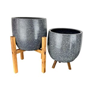 Bitki Tasarımı  Gri Granit Toprak Saksı Saksılık Salon Çiçeklik İkili Set 3 Ayaklı- 4 Ayaklı- 19 Cm