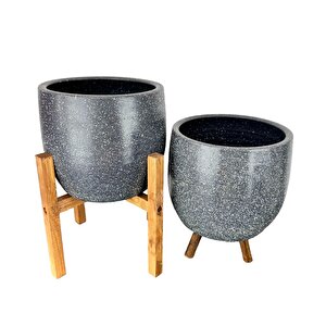 Bitki Tasarımı  Gri Granit Toprak Saksı Saksılık Salon Çiçeklik İkili Set 3 Ayaklı- 4 Ayaklı- 19 Cm