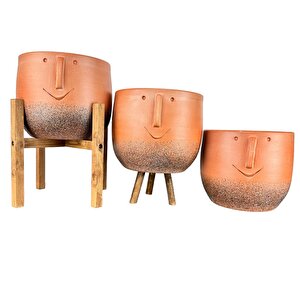 Surat Desenli Toprak Saksı Saksılık Salon Çiçeklik Üçlü Set - 19 Cm