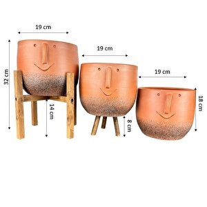 Surat Desenli Toprak Saksı Saksılık Salon Çiçeklik Üçlü Set - 19 Cm
