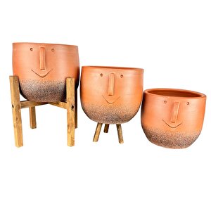 Surat Desenli Toprak Saksı Saksılık Salon Çiçeklik Üçlü Set - 19 Cm