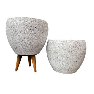 Beyaz Granit Toprak Saksı Saksılık Salon Çiçeklik İkili Set Ayaksız - 3 Ayaklı- 15 Cm