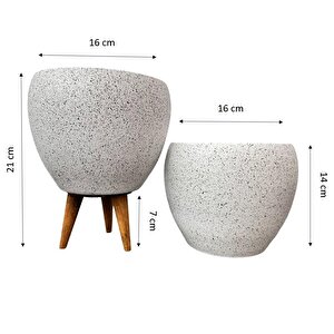 Beyaz Granit Toprak Saksı Saksılık Salon Çiçeklik İkili Set Ayaksız - 3 Ayaklı- 15 Cm