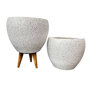 Beyaz Granit Toprak Saksı Saksılık Salon Çiçeklik İkili Set Ayaksız - 3 Ayaklı- 15 Cm