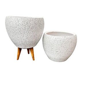 Bitki Tasarımı Beyaz Granit Toprak Saksı Saksılık Salon Çiçeklik İkili Set Ayaksız - 3 Ayaklı- 15 Cm
