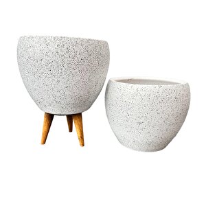 Bitki Tasarımı Beyaz Granit Toprak Saksı Saksılık Salon Çiçeklik İkili Set Ayaksız - 3 Ayaklı- 15 Cm