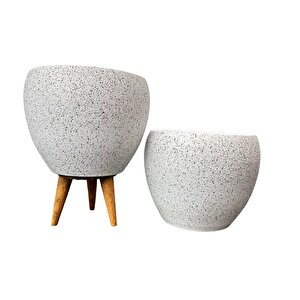 Bitki Tasarımı Beyaz Granit Toprak Saksı Saksılık Salon Çiçeklik İkili Set Ayaksız - 3 Ayaklı- 15 Cm