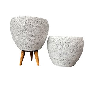 Bitki Tasarımı Beyaz Granit Toprak Saksı Saksılık Salon Çiçeklik İkili Set Ayaksız - 3 Ayaklı- 15 Cm