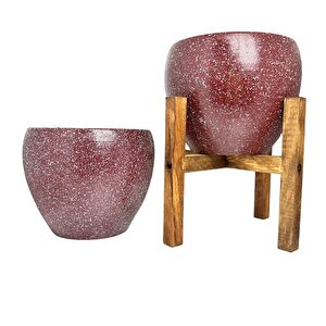 Bordo Granit Toprak Saksı Saksılık Salon Çiçeklik İkili Set Ayaksız - 4 Ayaklı- 15 Cm