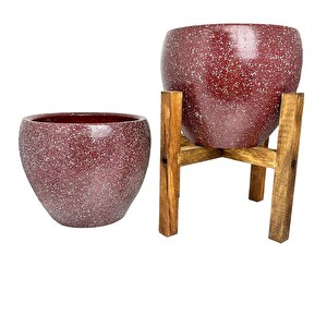 Bitki Tasarımı Bordo Granit Toprak Saksı Saksılık Salon Çiçeklik İkili Set Ayaksız - 4 Ayaklı- 15 Cm