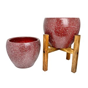 Bitki Tasarımı Bordo Granit Toprak Saksı Saksılık Salon Çiçeklik İkili Set Ayaksız - 4 Ayaklı- 15 Cm