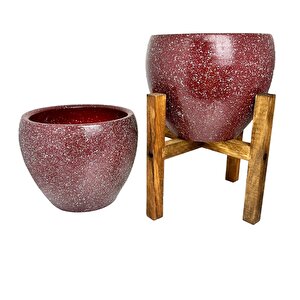 Bitki Tasarımı Bordo Granit Toprak Saksı Saksılık Salon Çiçeklik İkili Set Ayaksız - 4 Ayaklı- 15 Cm