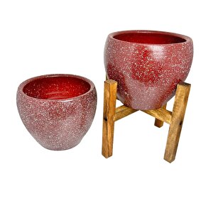 Bitki Tasarımı Bordo Granit Toprak Saksı Saksılık Salon Çiçeklik İkili Set Ayaksız - 4 Ayaklı- 15 Cm