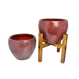 Bitki Tasarımı Bordo Granit Toprak Saksı Saksılık Salon Çiçeklik İkili Set Ayaksız - 4 Ayaklı- 15 Cm