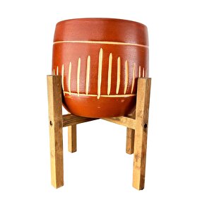 Dik Çizgi Desenli Toprak Saksı Saksılık Salon Çiçeklik 4 Ayaklı - 19 Cm