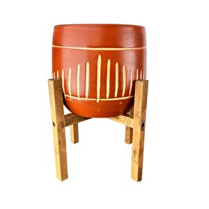 Dik Çizgi Desenli Toprak Saksı Saksılık Salon Çiçeklik 4 Ayaklı - 19 Cm