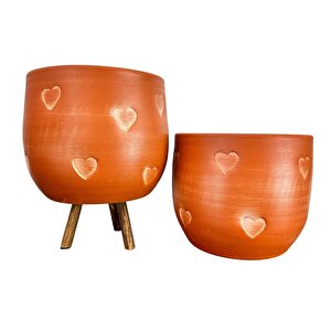 Kalp Desenli Toprak Saksı Saksılık Salon Çiçeklik İkili Set Ayaksız - 3 Ayaklı- 19 Cm