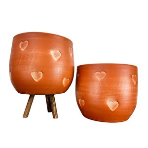 Kalp Desenli Toprak Saksı Saksılık Salon Çiçeklik İkili Set Ayaksız - 3 Ayaklı- 19 Cm