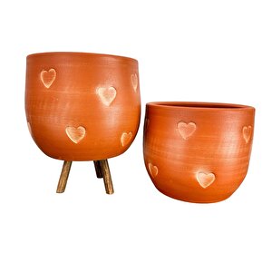 Bitki Tasarımı Kalp Desenli Toprak Saksı Saksılık Salon Çiçeklik İkili Set Ayaksız - 3 Ayaklı- 19 Cm
