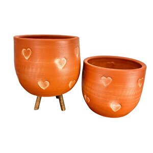 Bitki Tasarımı Kalp Desenli Toprak Saksı Saksılık Salon Çiçeklik İkili Set Ayaksız - 3 Ayaklı- 19 Cm