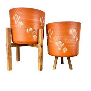 Kaktüs Desenli Toprak Saksı Saksılık Salon Çiçeklik İkili Set 3 Ayaklı- 4 Ayaklı- 19 Cm