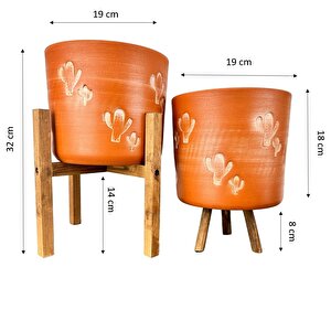 Kaktüs Desenli Toprak Saksı Saksılık Salon Çiçeklik İkili Set 3 Ayaklı- 4 Ayaklı- 19 Cm