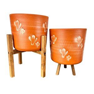 Bitki Tasarımı Kaktüs Desenli Toprak Saksı Saksılık Salon Çiçeklik İkili Set 3 Ayaklı- 4 Ayaklı- 19 Cm