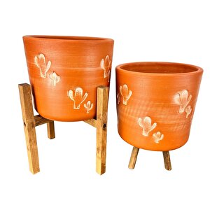 Bitki Tasarımı Kaktüs Desenli Toprak Saksı Saksılık Salon Çiçeklik İkili Set 3 Ayaklı- 4 Ayaklı- 19 Cm