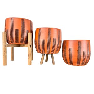 Siyah Çizgi Desenli Toprak Saksı Saksılık Salon Çiçeklik Üçlü Set - 19 Cm