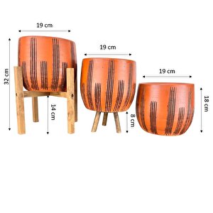 Siyah Çizgi Desenli Toprak Saksı Saksılık Salon Çiçeklik Üçlü Set - 19 Cm