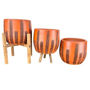 Siyah Çizgi Desenli Toprak Saksı Saksılık Salon Çiçeklik Üçlü Set - 19 Cm