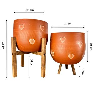 Kalp Desenli Toprak Saksı Saksılık Salon Çiçeklik İkili Set 3 Ayaklı- 4 Ayaklı- 19 Cm