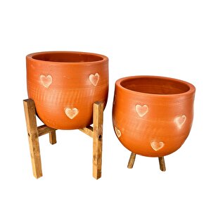 Bitki Tasarımı Kalp Desenli Toprak Saksı Saksılık Salon Çiçeklik İkili Set 3 Ayaklı- 4 Ayaklı- 19 Cm