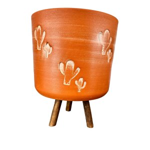 Kaktüs Desenli Toprak Saksı Saksılık Salon Çiçeklik 3 Ayaklı - 19 Cm