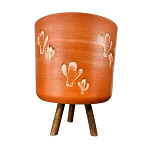 Kaktüs Desenli Toprak Saksı Saksılık Salon Çiçeklik 3 Ayaklı - 19 Cm