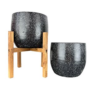 Ev Dekorasyon Aksesuar Siyah Granit Toprak Saksı Saksılık Salon Çiçeklik İkili Set Ayaksız - 4 Ayaklı- 19 Cm
