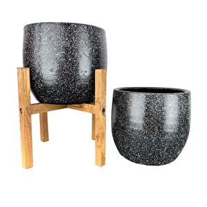 Ev Dekorasyon Aksesuar Siyah Granit Toprak Saksı Saksılık Salon Çiçeklik İkili Set Ayaksız - 4 Ayaklı- 19 Cm