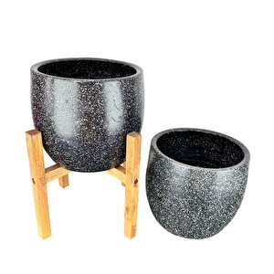 Bitki Tasarımı Ev Dekorasyon Aksesuar Siyah Granit Toprak Saksı Saksılık Salon Çiçeklik İkili Set Ayaksız - 4 Ayaklı- 19 Cm