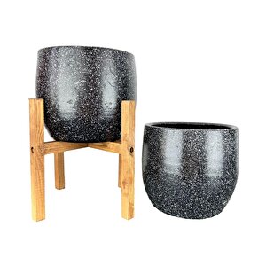 Bitki Tasarımı Ev Dekorasyon Aksesuar Siyah Granit Toprak Saksı Saksılık Salon Çiçeklik İkili Set Ayaksız - 4 Ayaklı- 19 Cm