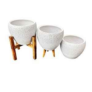 Bitki Tasarımı Beyaz Granit Toprak Saksı Saksılık Salon Çiçeklik Üçlü Set - 15 Cm