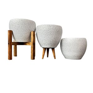 Beyaz Granit Toprak Saksı Saksılık Salon Çiçeklik Üçlü Set - 15 Cm