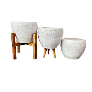Beyaz Granit Toprak Saksı Saksılık Salon Çiçeklik Üçlü Set - 15 Cm