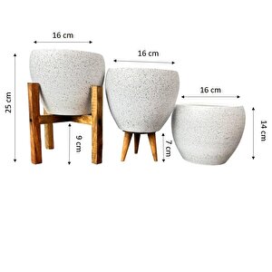 Beyaz Granit Toprak Saksı Saksılık Salon Çiçeklik Üçlü Set - 15 Cm