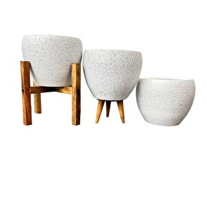 Bitki Tasarımı Beyaz Granit Toprak Saksı Saksılık Salon Çiçeklik Üçlü Set - 15 Cm