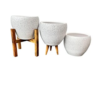 Bitki Tasarımı Beyaz Granit Toprak Saksı Saksılık Salon Çiçeklik Üçlü Set - 15 Cm