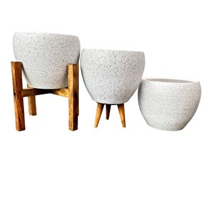Bitki Tasarımı Beyaz Granit Toprak Saksı Saksılık Salon Çiçeklik Üçlü Set - 15 Cm