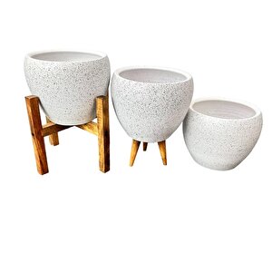 Bitki Tasarımı Beyaz Granit Toprak Saksı Saksılık Salon Çiçeklik Üçlü Set - 15 Cm