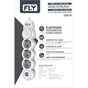 Fly-3393-01 3'lü Akim Korumali Pri̇z+2*usb 2.1a,2m,